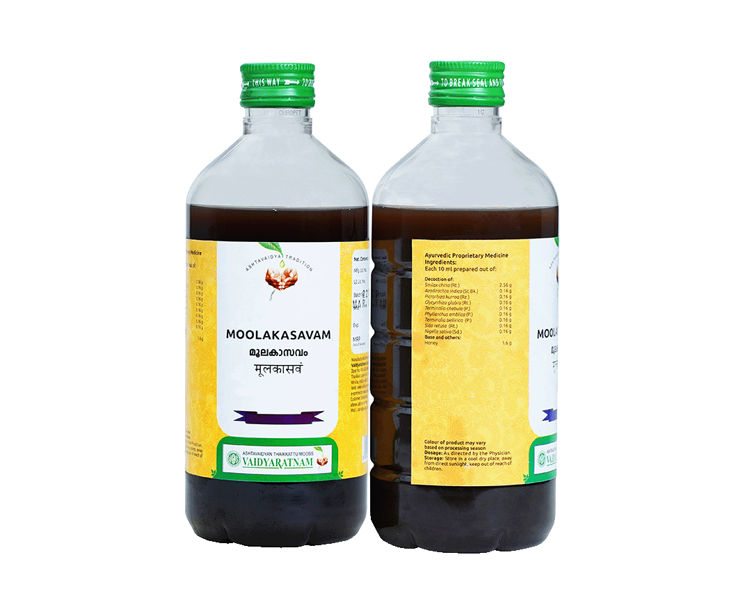 Herbal Moolakasavam tonic for clear skin and acne relief by Vaidyaratnam.