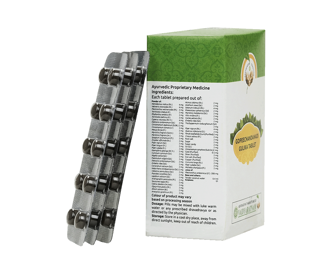 Ayurvedic Gopeechandanadi Gulika pack by Vaidyaratnam used for pediatric respiratory support