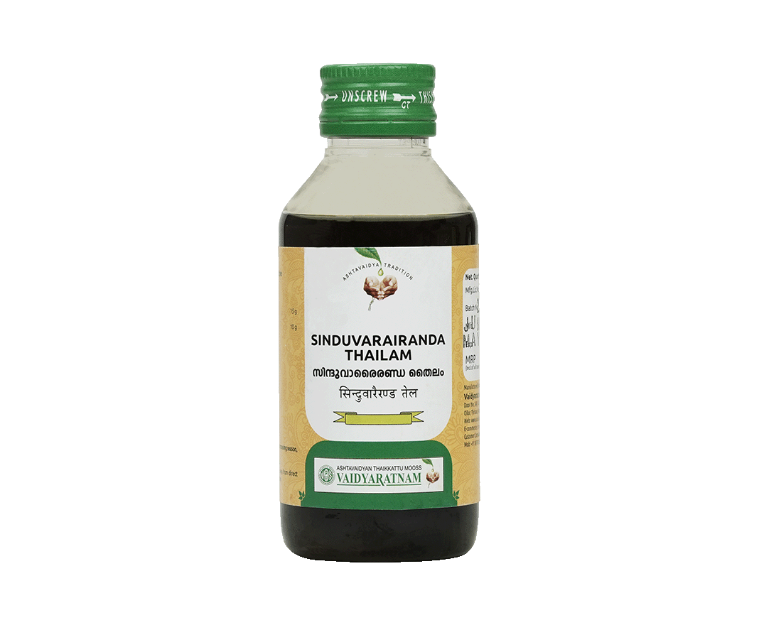 Vaidyaratnam Sinduvarairandam 100ml – Ayurvedic medicine for backache relief and improved mobility.