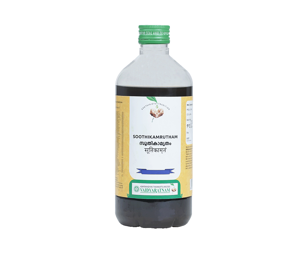 Vaidyaratnam Soothikamritham Ayurvedic uterine tonic bottle
