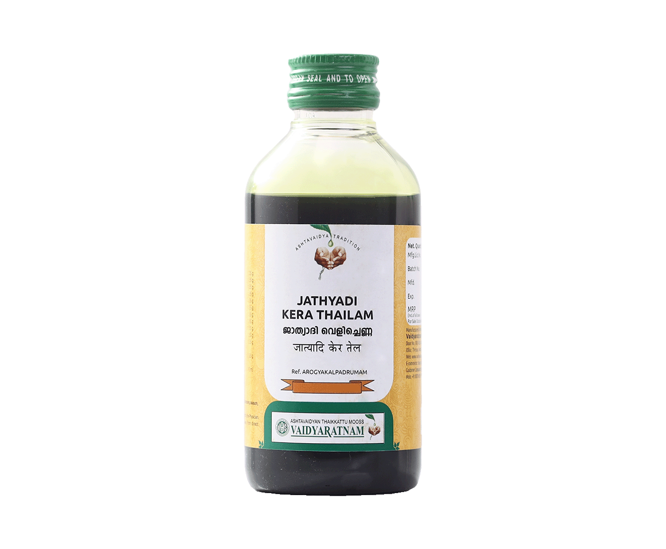 Vaidyaratnam Jathyadi Kera Thailam 200ml bottle, an Ayurvedic oil for wound healing and skin care.