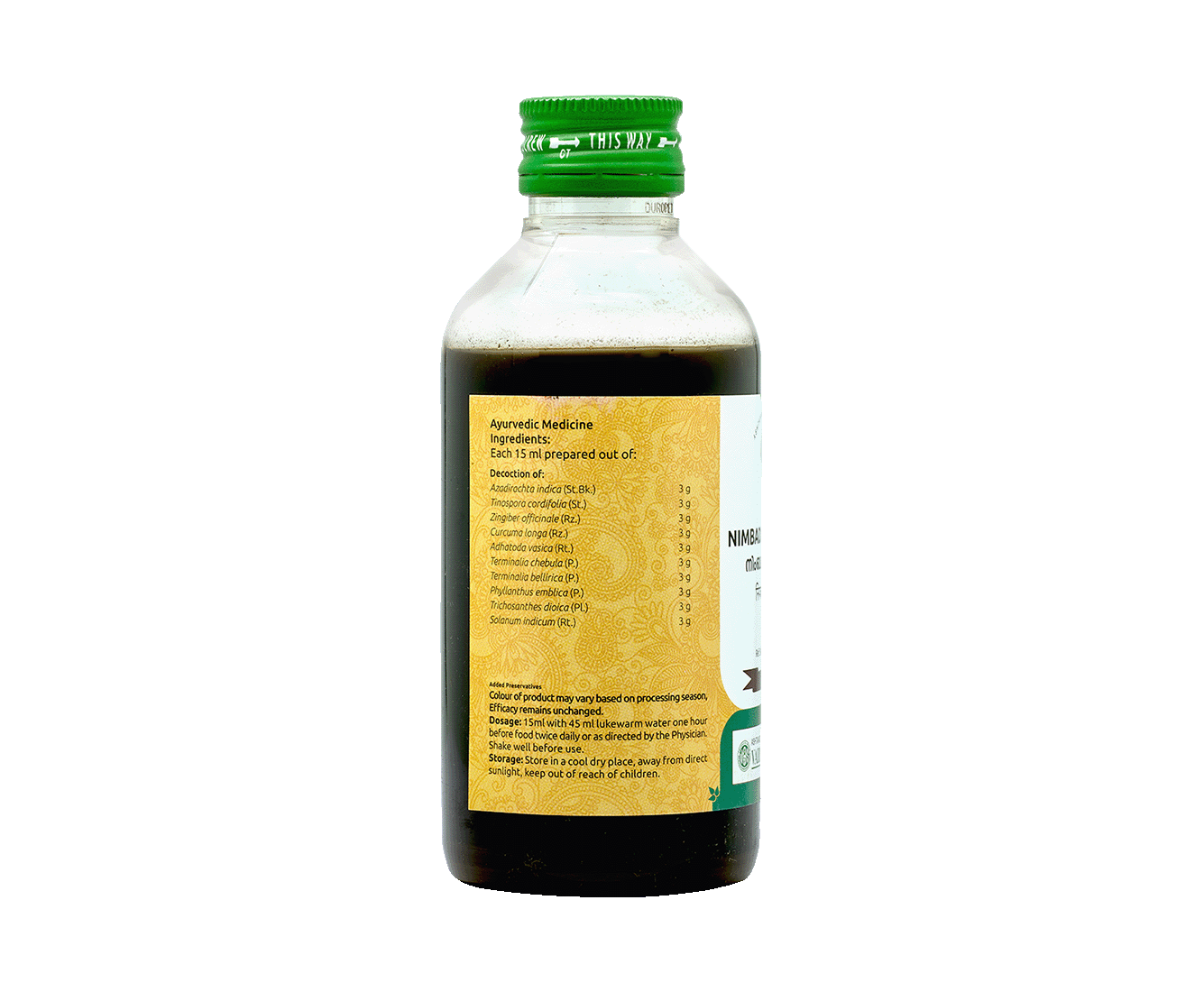 Vaidyaratnam Nimbadi Kashayam – 200 ml Ayurvedic solution for treating boils and promoting skin health.
