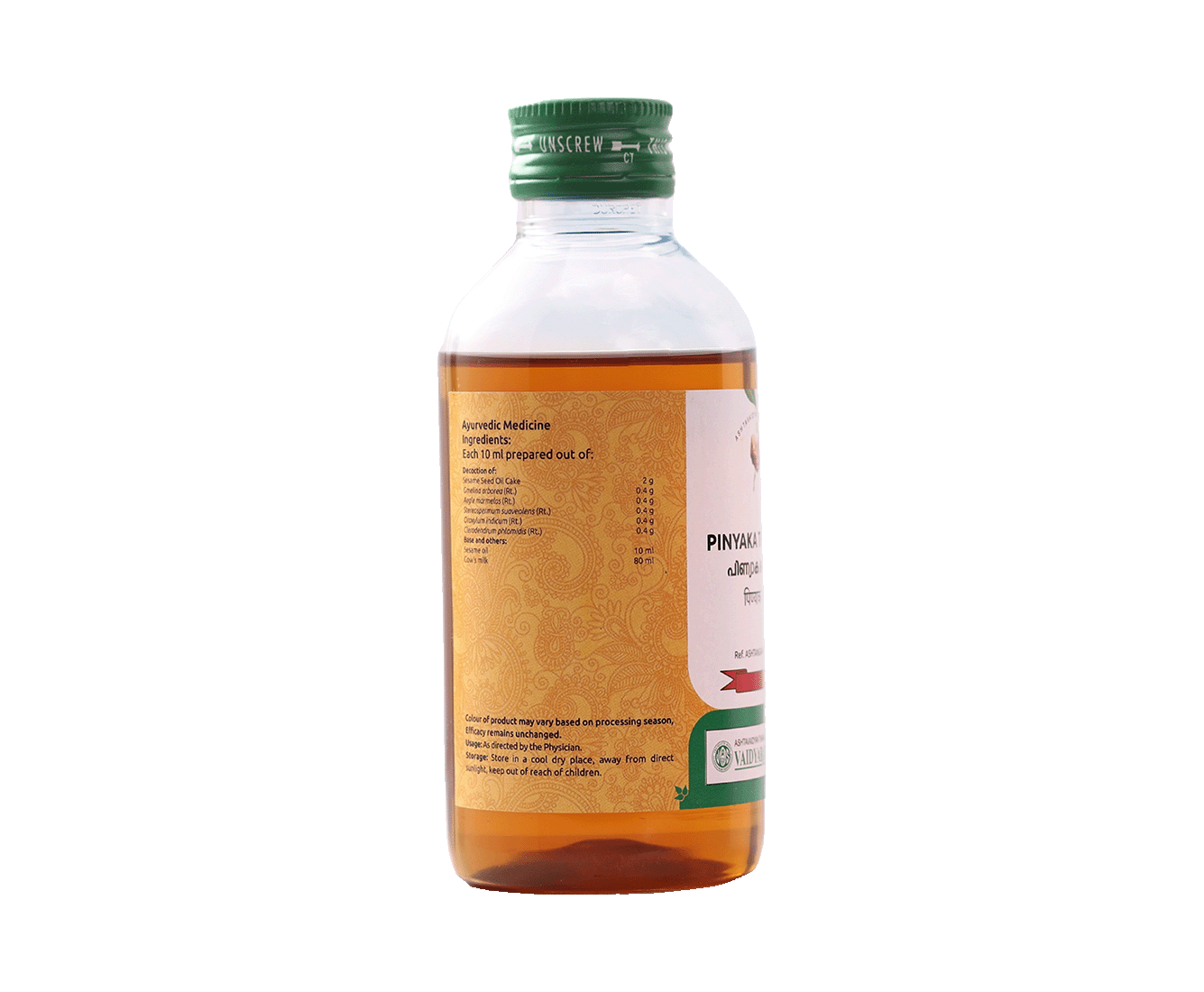 Bottle of Vaidyaratnam Pinnyaka Thailam – Natural remedy for post nasal drip and throat irritation