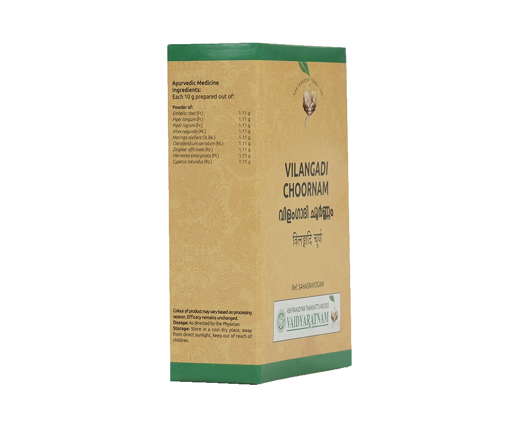 Ayurvedic Vilangadi Kashaya Choornam powder for natural parasite expulsion and digestion improvement.