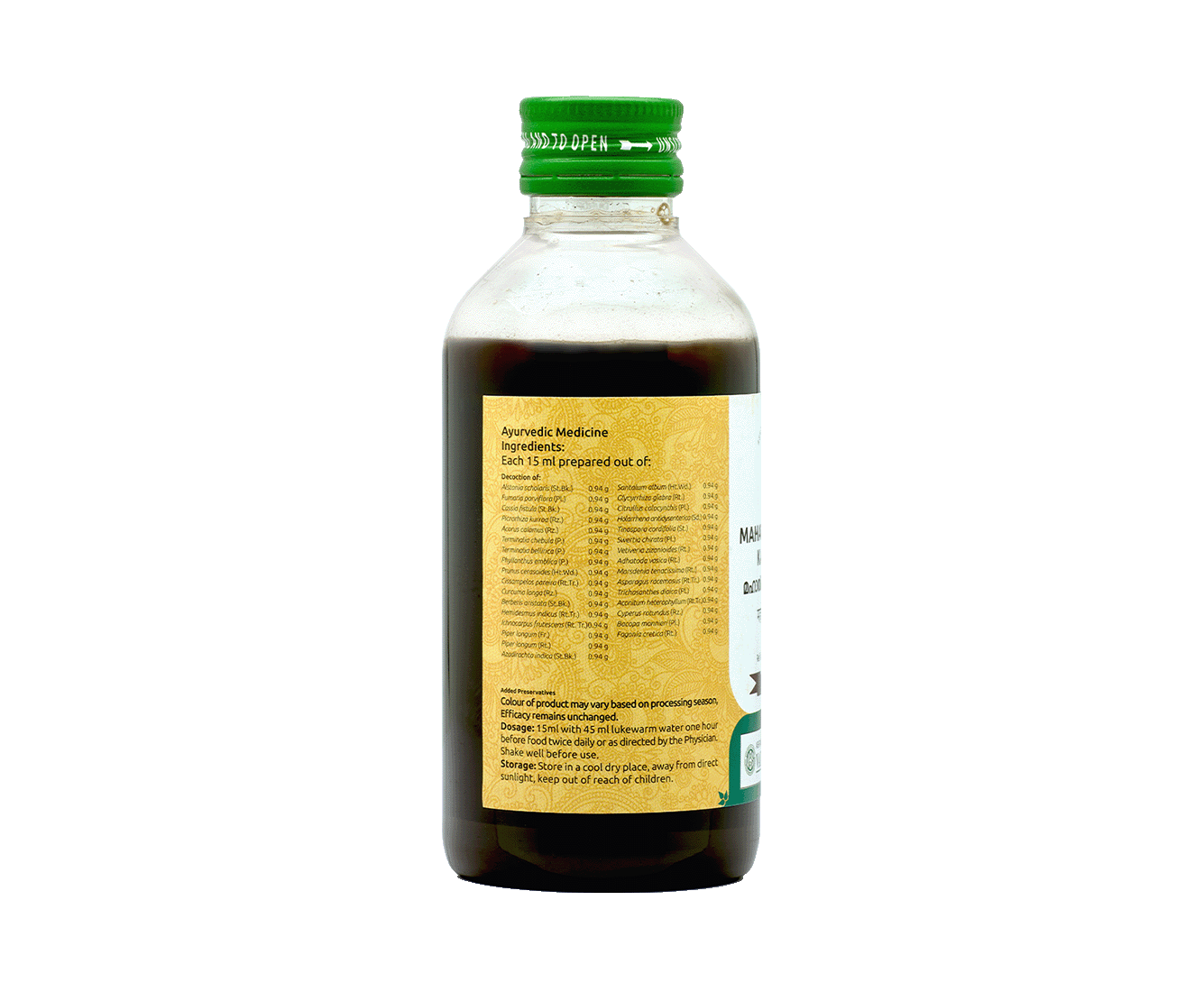 Bottle of Vaidyaratnam Mahathikthakam Kashayam, natural remedy for psoriasis, scabies, and skin irritation.