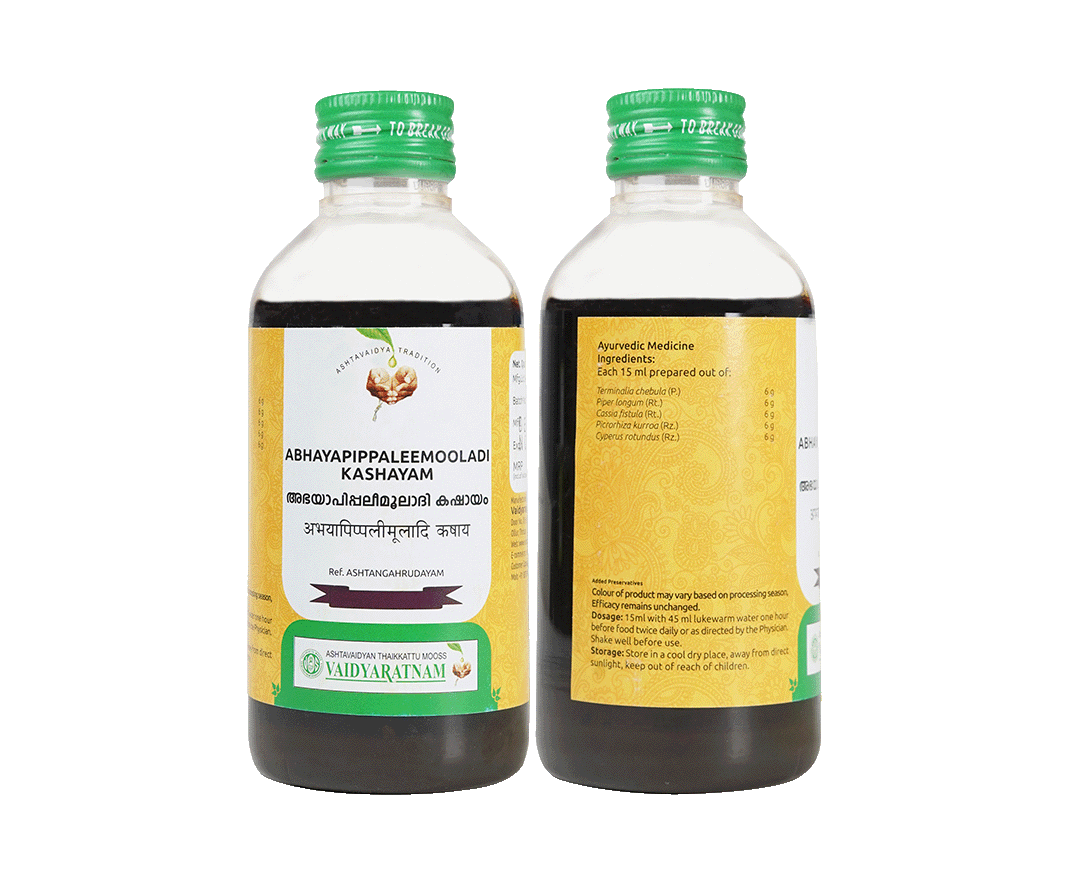 Bottle of Vaidyaratnam Abhayapippaleemooladi Kashayam, natural remedy for constipation and indigestion.