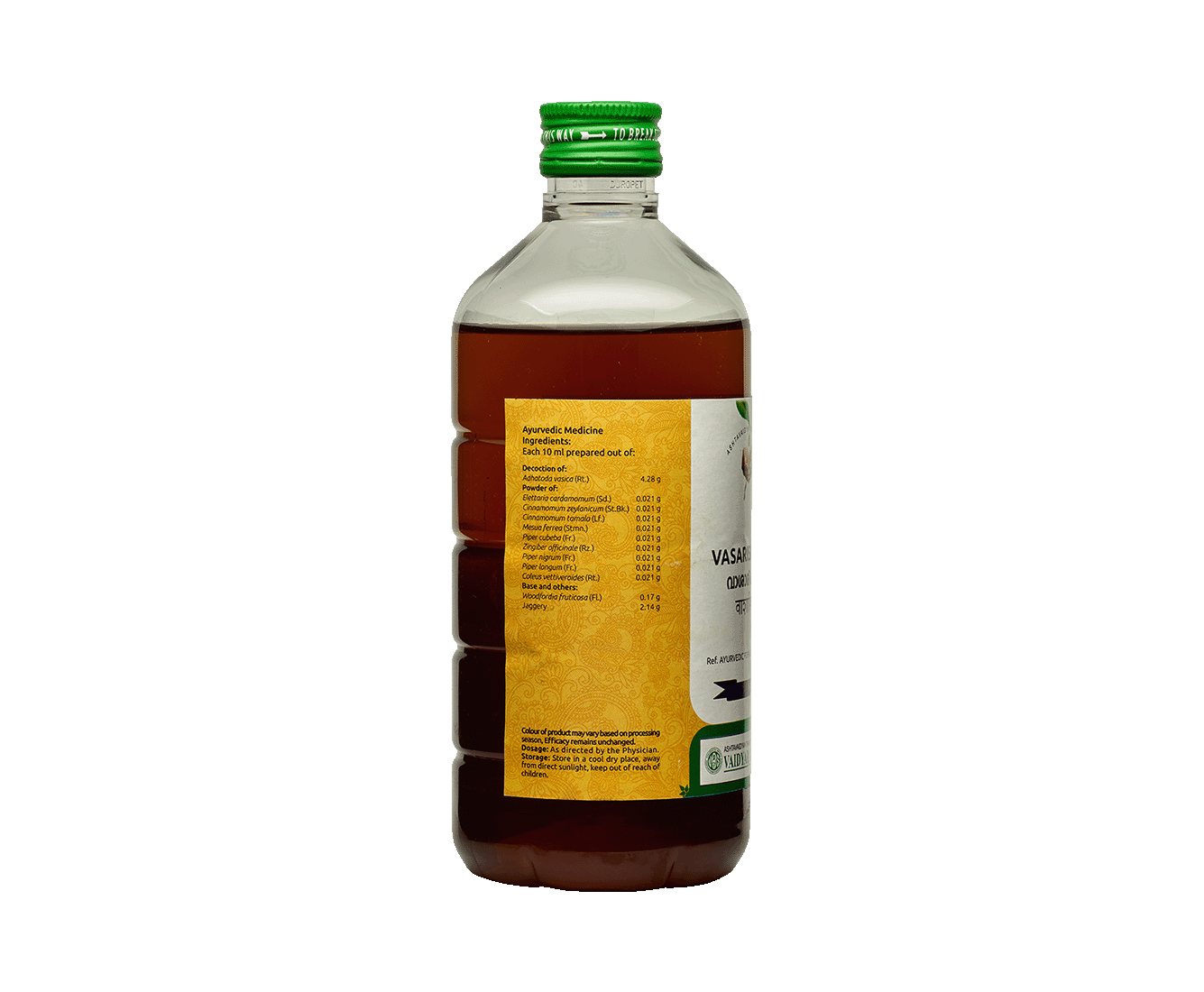 Herbal formulation of Vaidyaratnam Vasarishtam for treating asthma, cough, and respiratory discomfort.