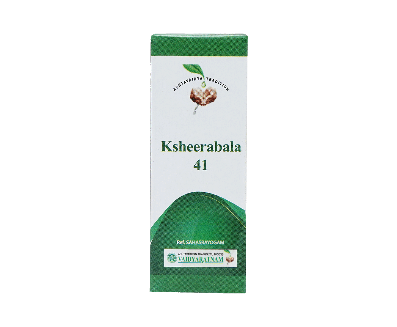 Bottle of Vaidyaratnam Ksheerabala 41 Aavarthi Ayurvedic oil for hypertension and neurological health.