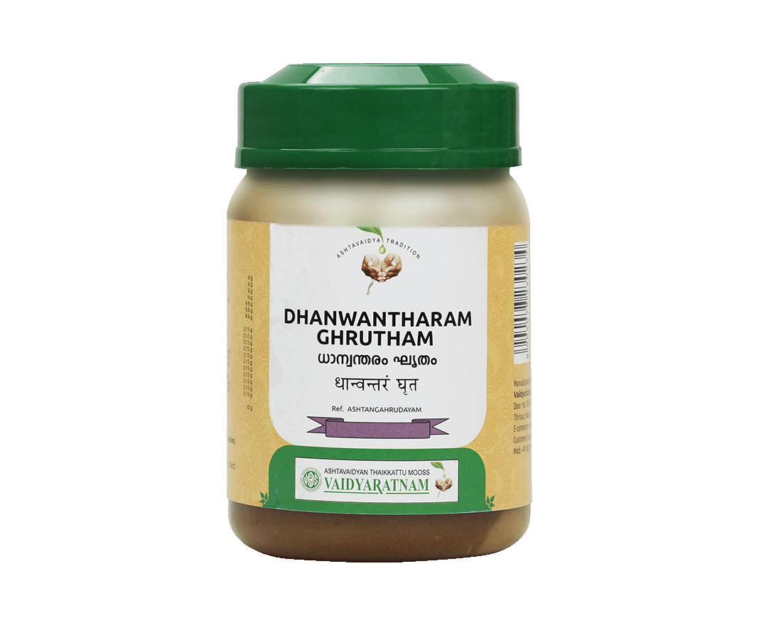 Vaidyaratnam Dhanwantharam Ghrutham 150gm jar for Ayurvedic remedy for diabetes and skin health.