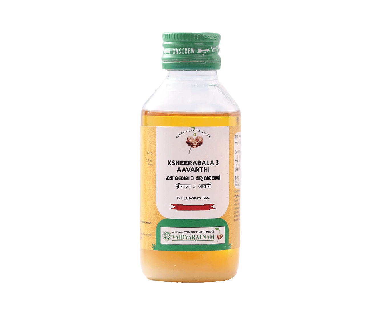 Vaidyaratnam Ksheerabala 3 Aavarthi Ayurvedic oil bottle for bone and nerve wellness"