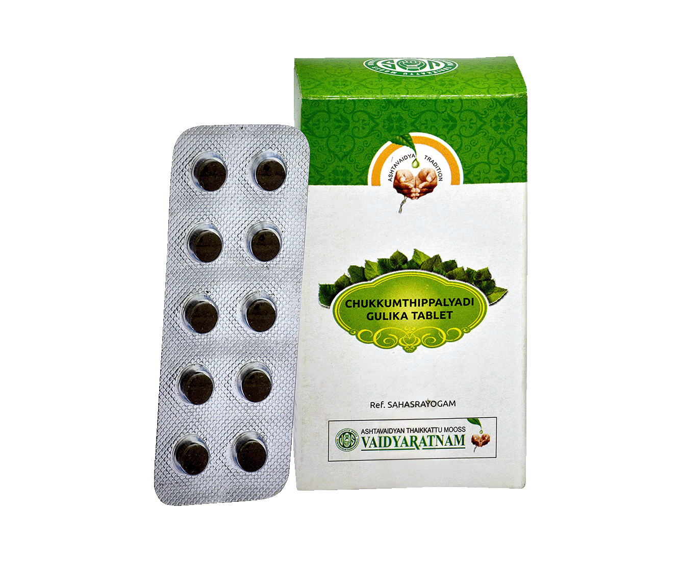 Vaidyaratnam Chukkumthippalyadi Gulika 100 Nos - Ayurvedic medicine for flu and fever relief.