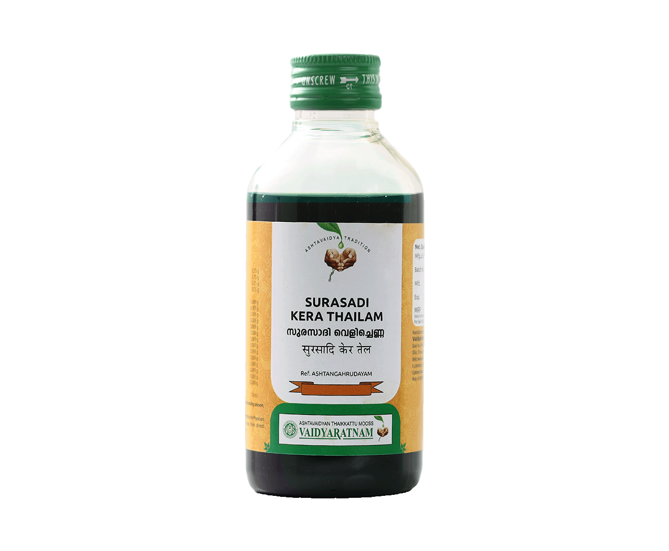 Vaidyaratnam Surasadi Kera Thailam bottle - Ayurvedic treatment for seborrhea and scalp health