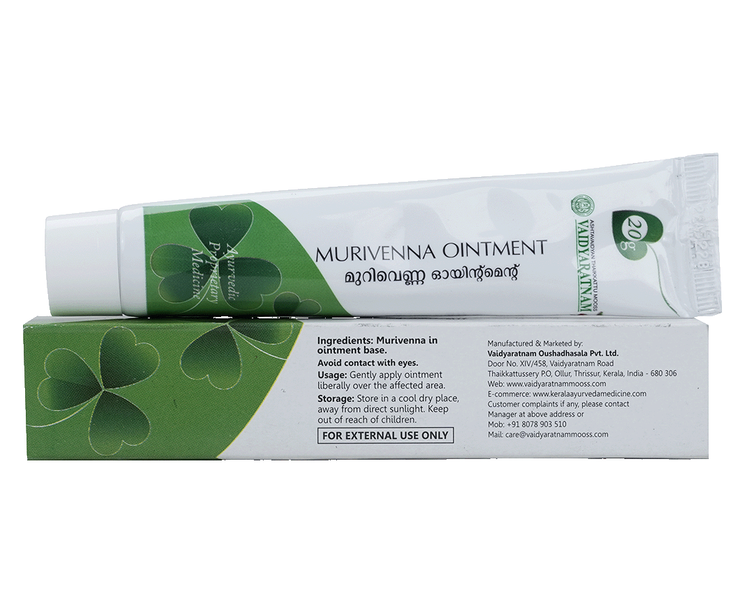 Vaidyaratnam Murivenna Ointment for healing cuts, wounds, sprains, and musculoskeletal pain.