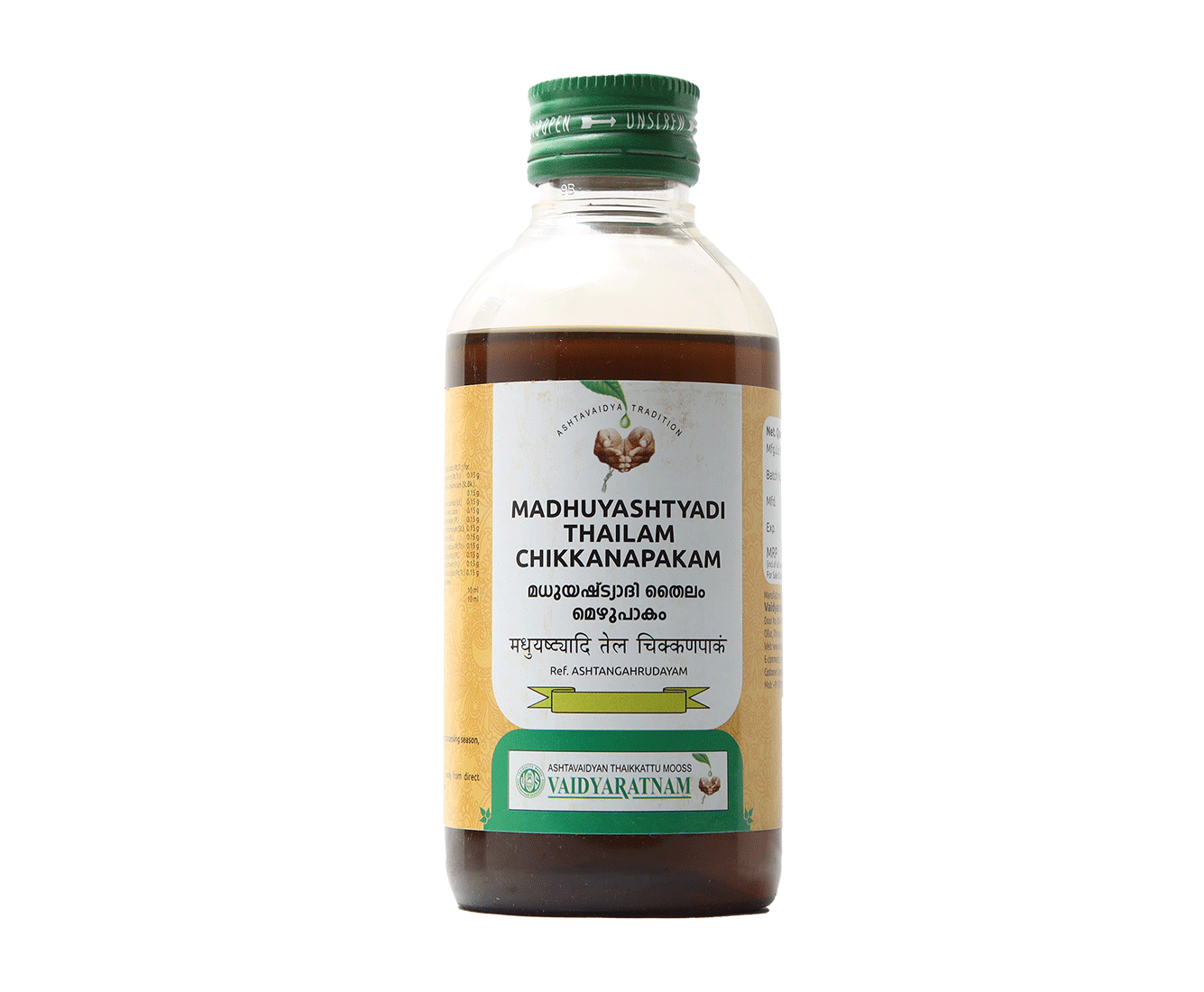 Bottle of Vaidyaratnam Madhuyashtyadi Thailam - Ayurvedic oil for burning sensation and numbness.