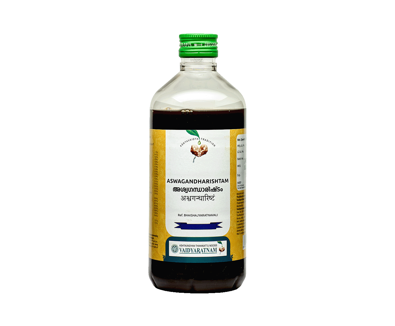 Bottle of Vaidyaratnam Aswagandharishtam, an Ayurvedic tonic for energy and stress relief.