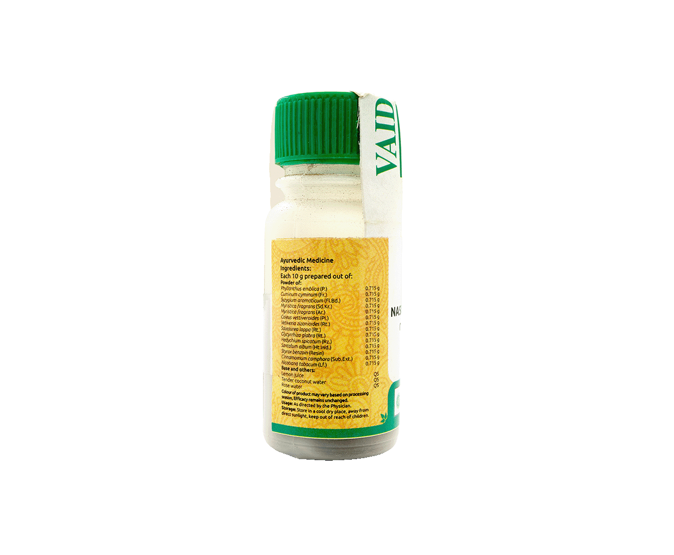 Vaidyaratnam Nasika Choornam 2gm packaging, an Ayurvedic remedy for sinus inflammation and sinusitis relief.