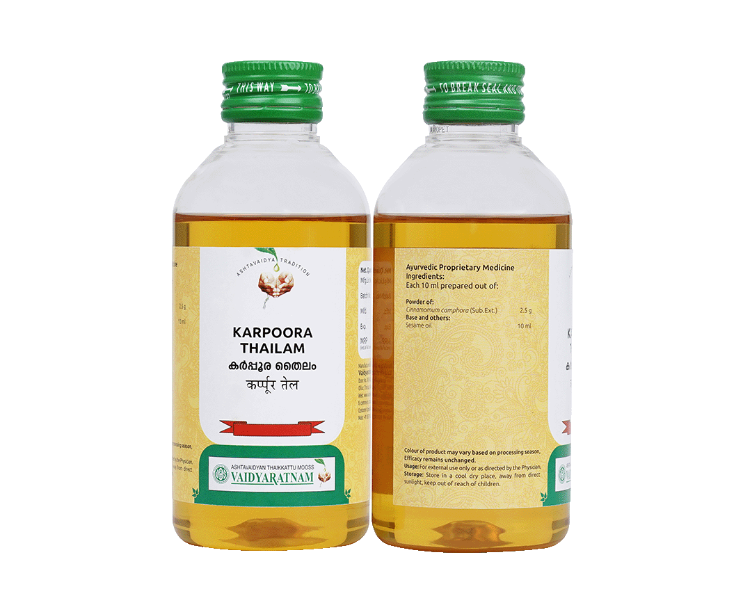 Bottle of Vaidyaratnam Karpooradi Thailam, a herbal oil for inflammation and joint discomfort.