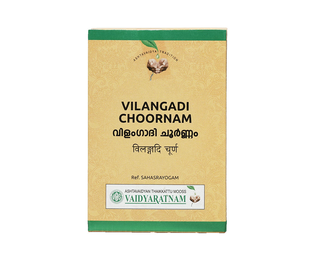 Vaidyaratnam Vilangadi Kashaya Choornam 50 gm packaging for worm infection treatment.