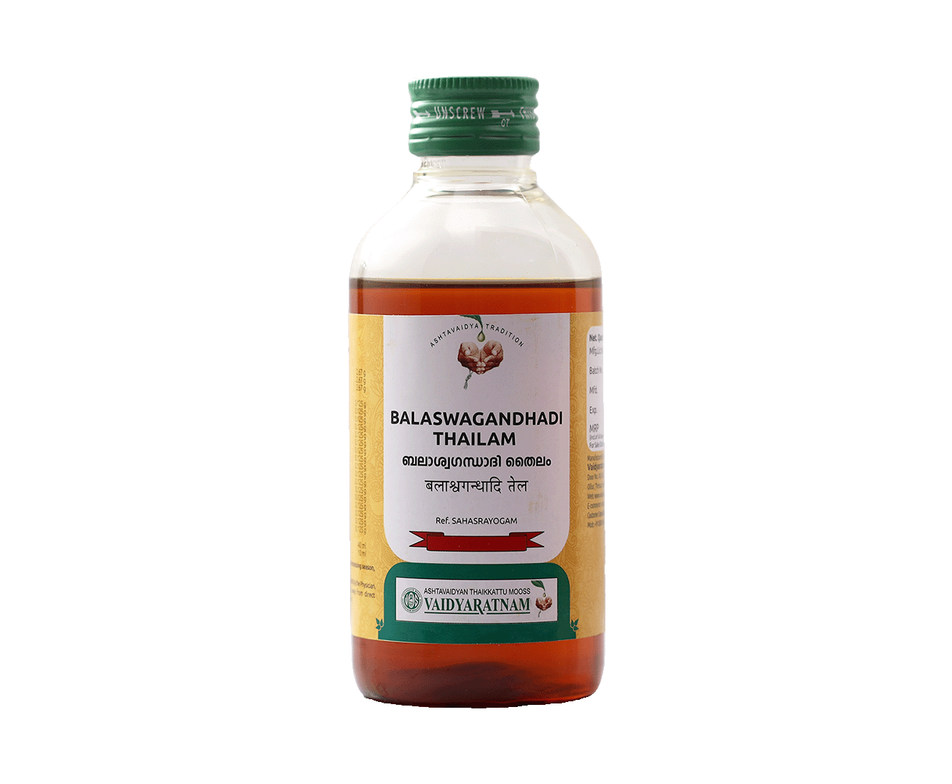 Vaidyaratnam Balaswagandhadi Oil is an Ayurvedic medicine for mania, supporting nerve health, reducing stress, and providing relief from muscle and joint pain.