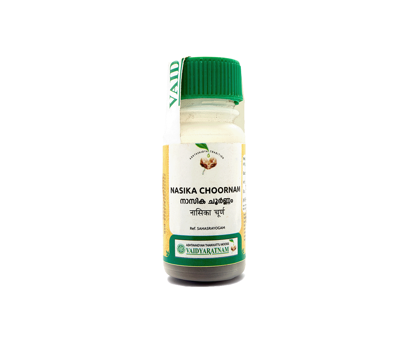 Close-up of Vaidyaratnam Nasika Choornam, an herbal powder used for treating sinusitis and chronic rhinitis.