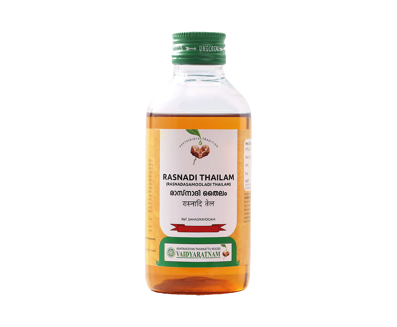 Vaidyaratnam Rasnadi Thailam – Ayurvedic face paralysis medicine in a 200ml bottle.