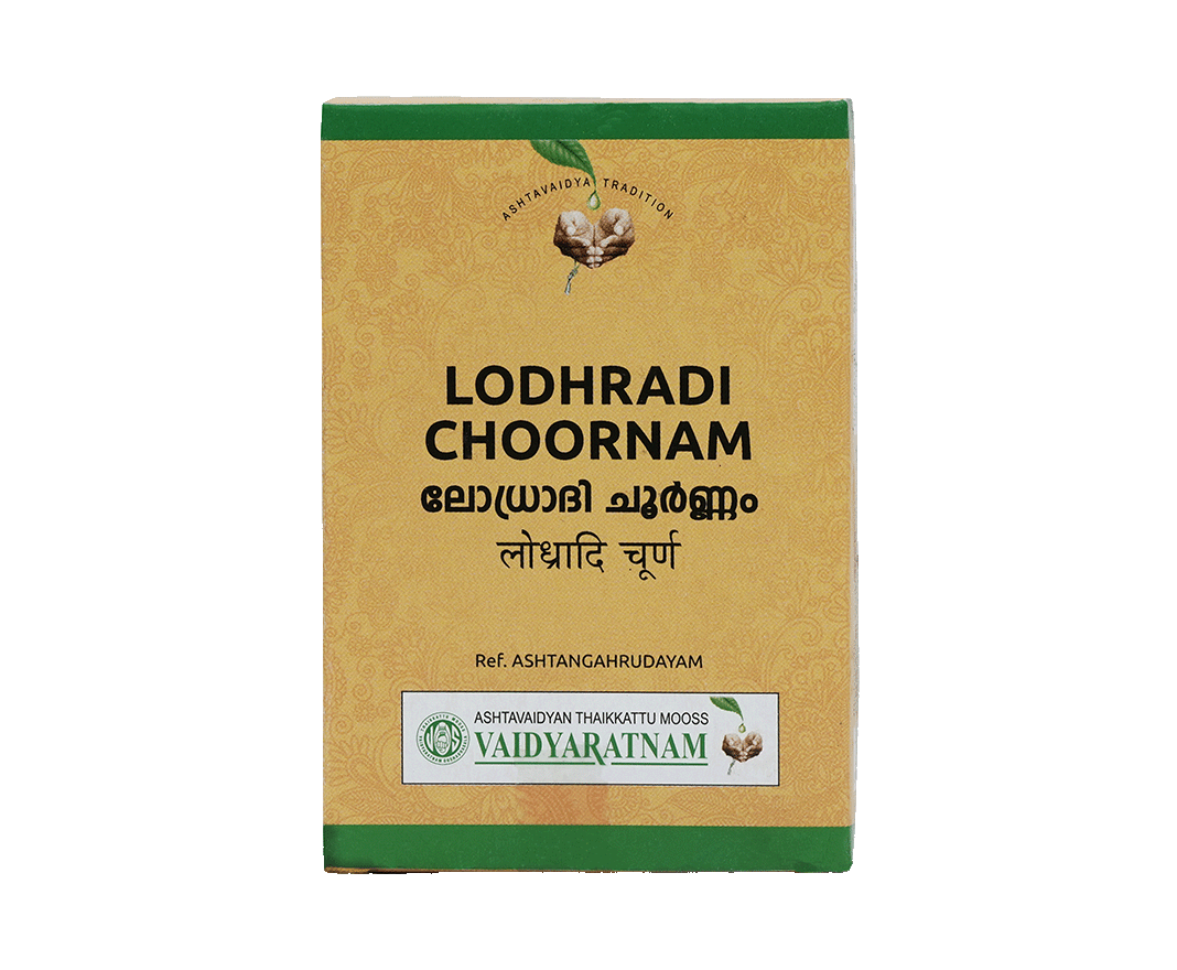 Vaidyaratnam Lodradi Choornam 50gm packaging, an Ayurvedic solution for pimples and acne treatment.