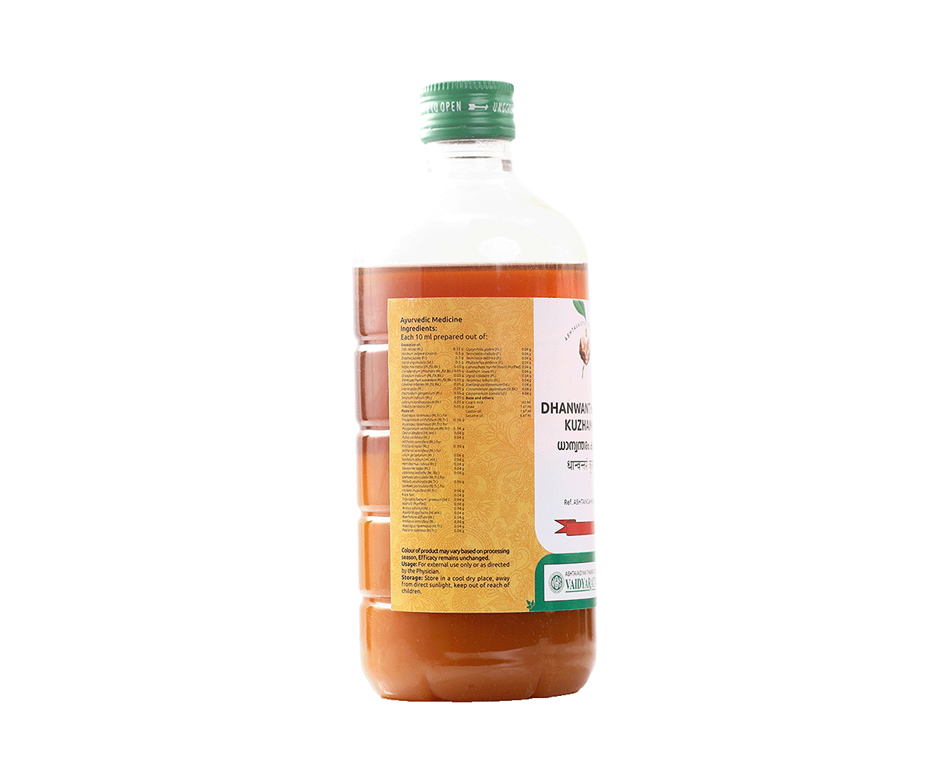 Vaidyaratnam Dhanwantharam Kuzhambu 450 ml packaging with Ayurvedic herbs