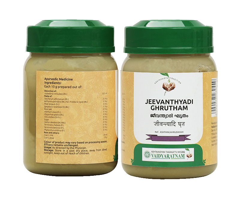 Ayurvedic bottle of Vaidyaratnam Jeevanthyadi Ghrutham, a natural remedy for cataracts