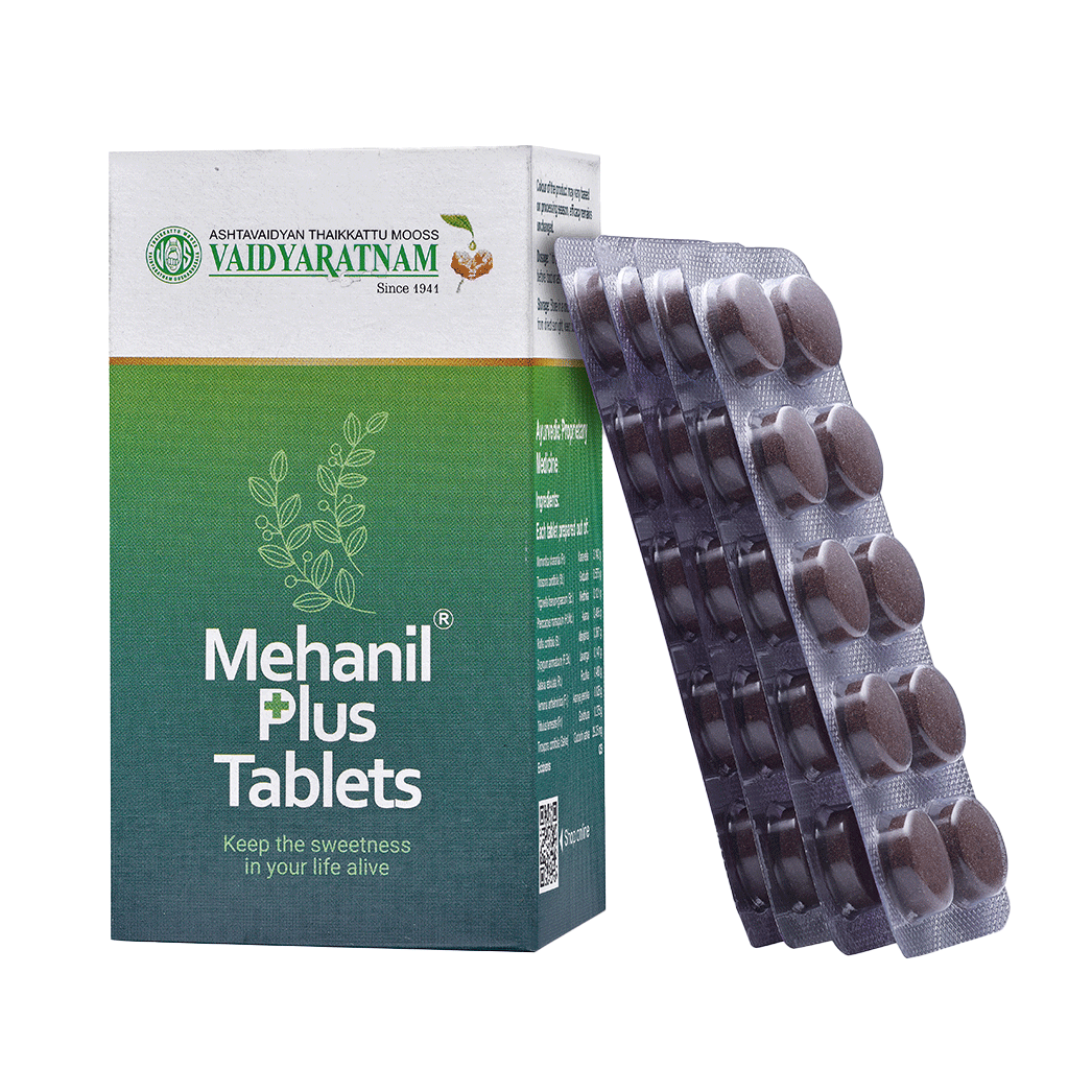 Mehanil Plus Tablets by Vaidyaratnam - Natural support for blood sugar regulation in type 2 diabetes.