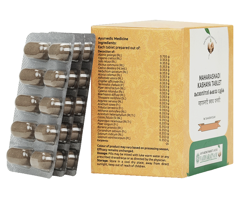 Herbal formulation of Vaidyaratnam Maharasnadi Kashaya Gulika for natural relief from hemiplegia and related conditions.