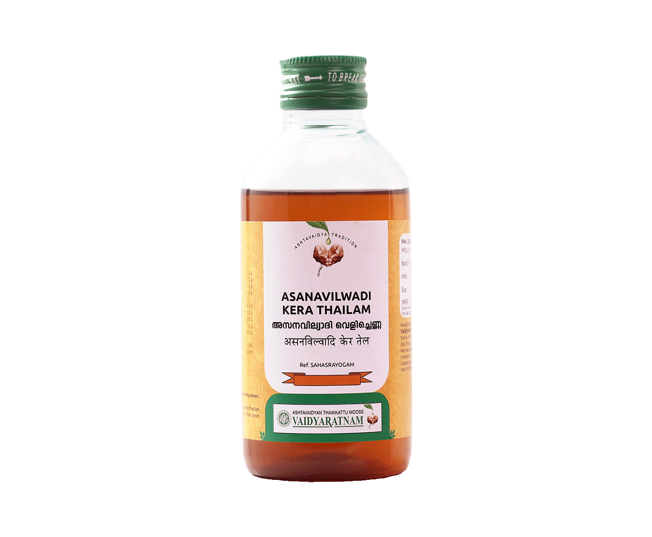Vaidyaratnam Asanavilwadi Kera Thailam 200ml – Ayurvedic oil for ear infection and head-related conditions.