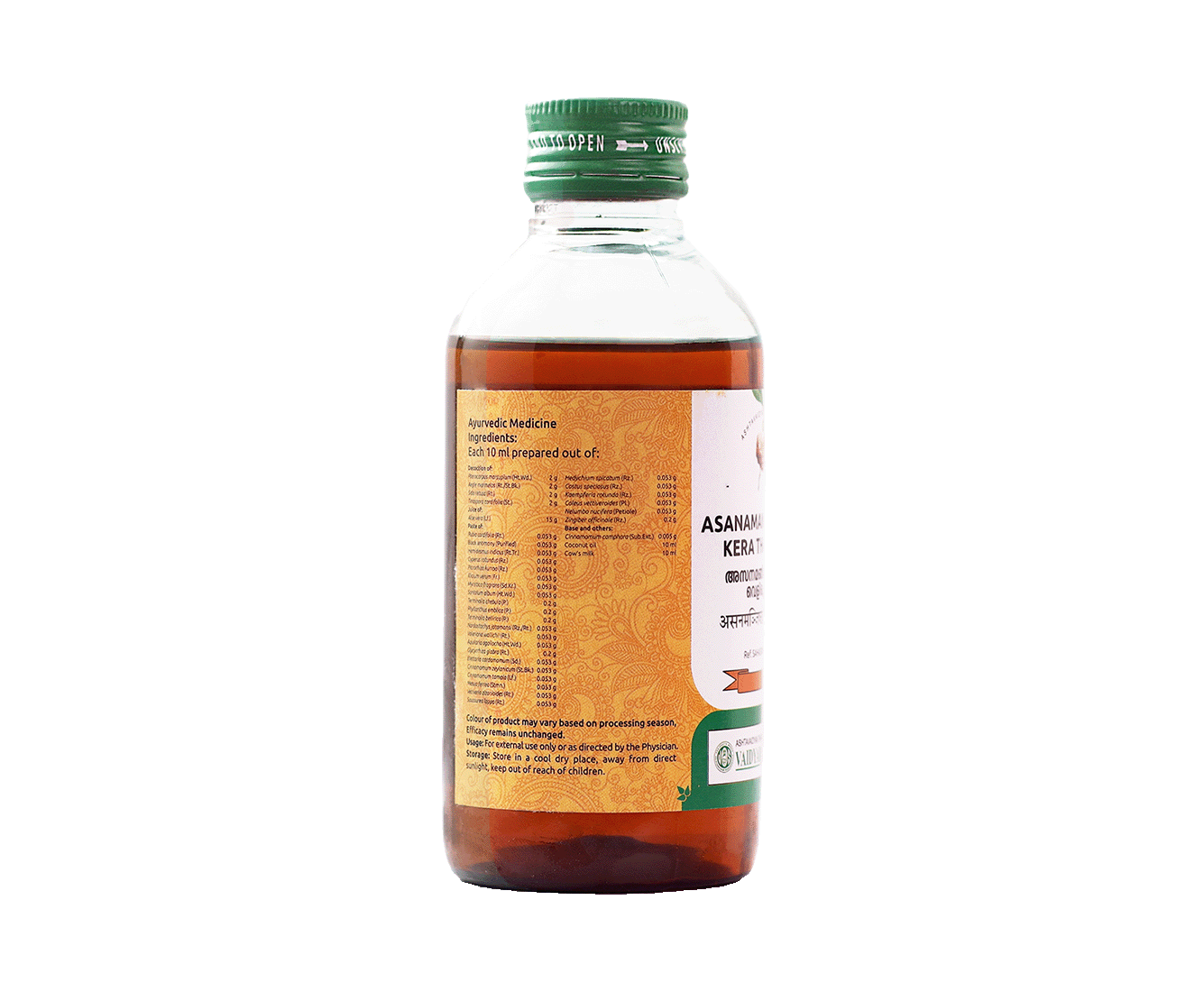 Bottle of Asanamanjishtadi Kera Thailam by Vaidyaratnam with traditional Ayurvedic herbs