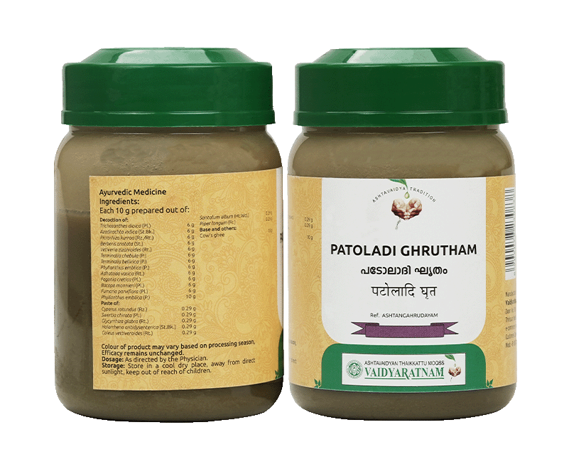 Herbal Patoladi Ghrutham for treating eye infections, ENT disorders, and skin conditions.
