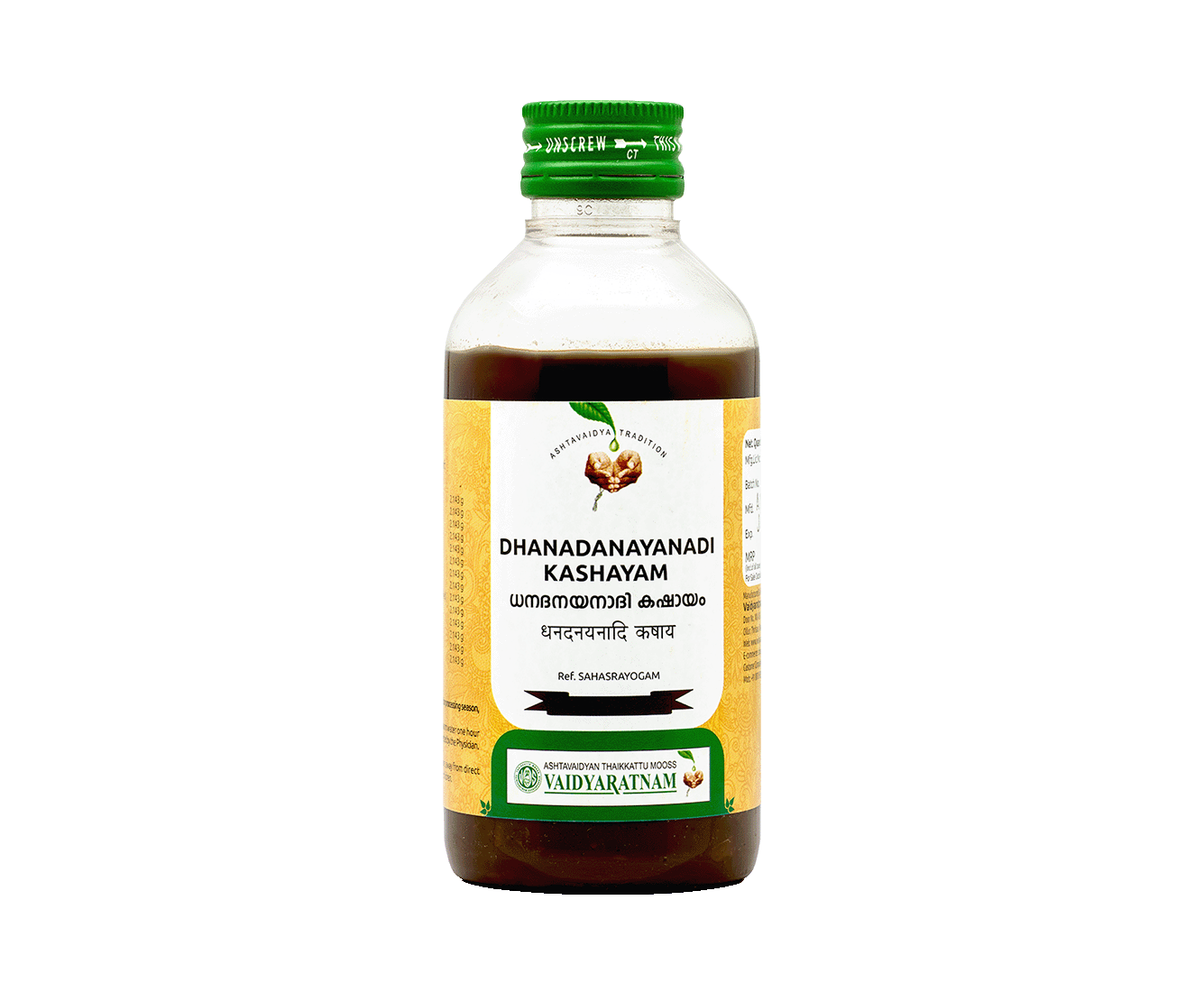 Bottle of Vaidyaratnam Dhanadanayanadi Kashayam 200ml, Ayurvedic medicine for Bell's Palsy and facial paralysis.