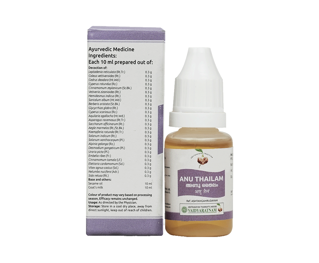 10ml pack of Vaidyaratnam Anuthailam, natural Ayurvedic oil for sinus relief and headache management.
