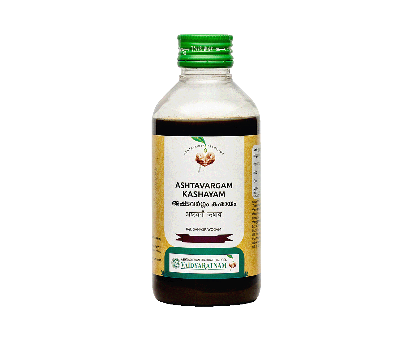 Vaidyaratnam Ashtavargam Kashayam bottle - Herbal Ayurvedic medicine for arthritis and rheumatic disorders.