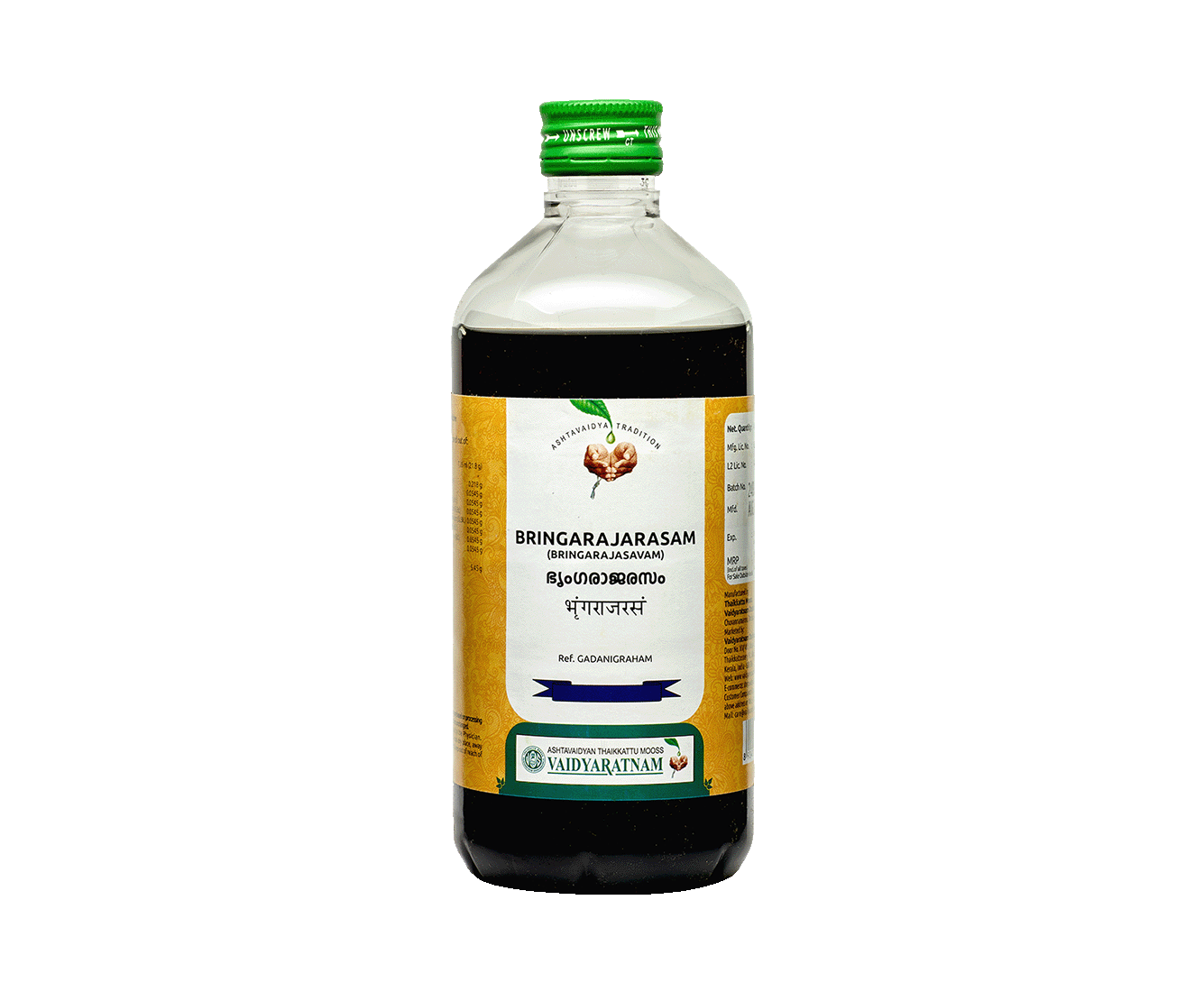 Vaidyaratnam Bhringarajarasam 450ml Ayurvedic tonic bottle – front label view