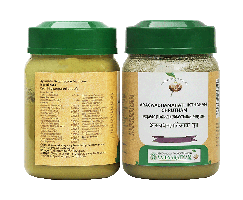 Close-up of Aragwadamahathikthakam Ghrutham, an herbal ghee for skin nourishment and healing.