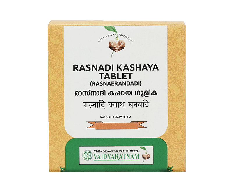 Vaidyaratnam Rasnadi Kashaya Gulika 100 tablets for natural relief from neuralgic pain and joint inflammation.