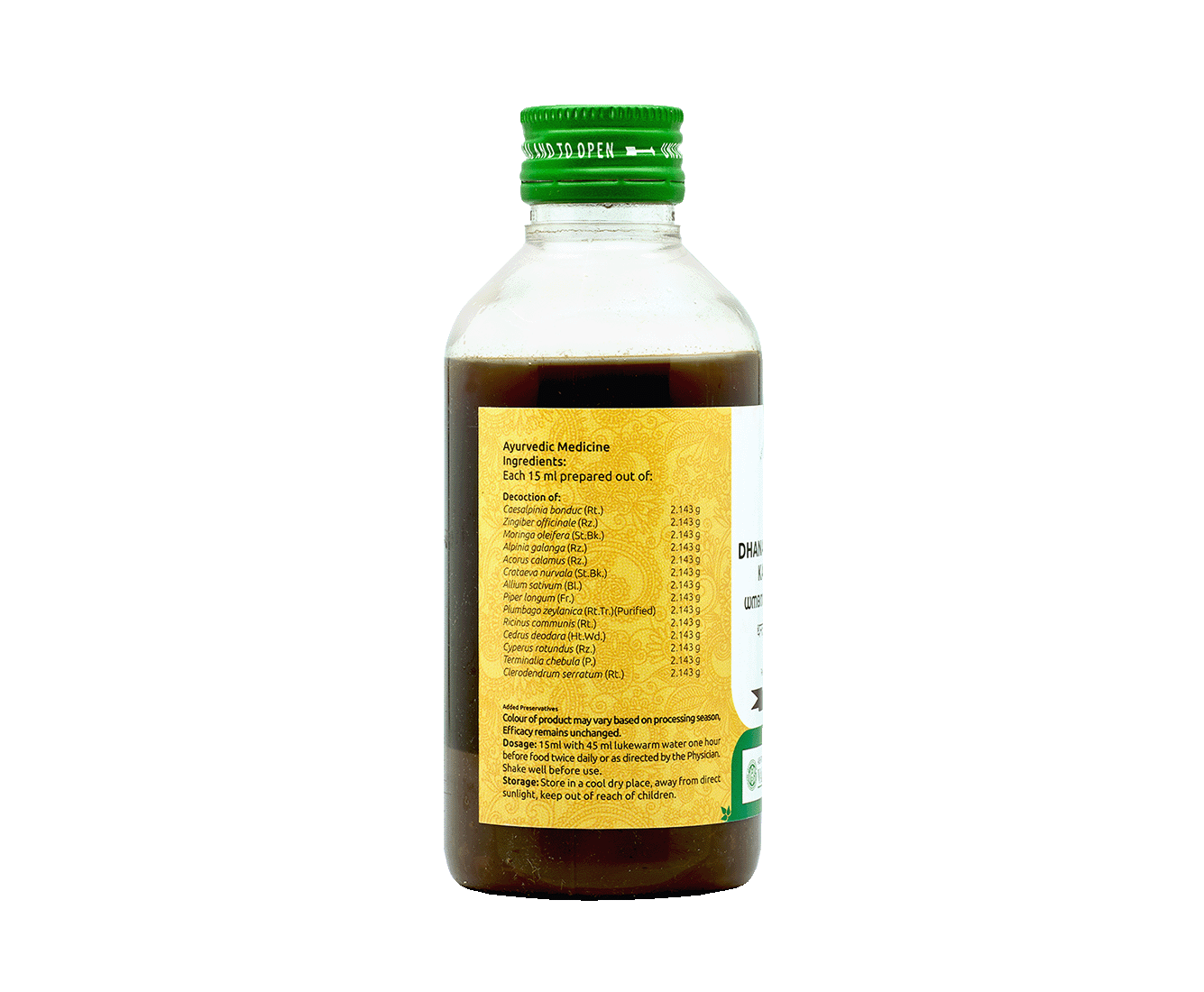 200ml pack of Dhanadanayanadi Kashayam by Vaidyaratnam, an effective treatment for Bell's Palsy.