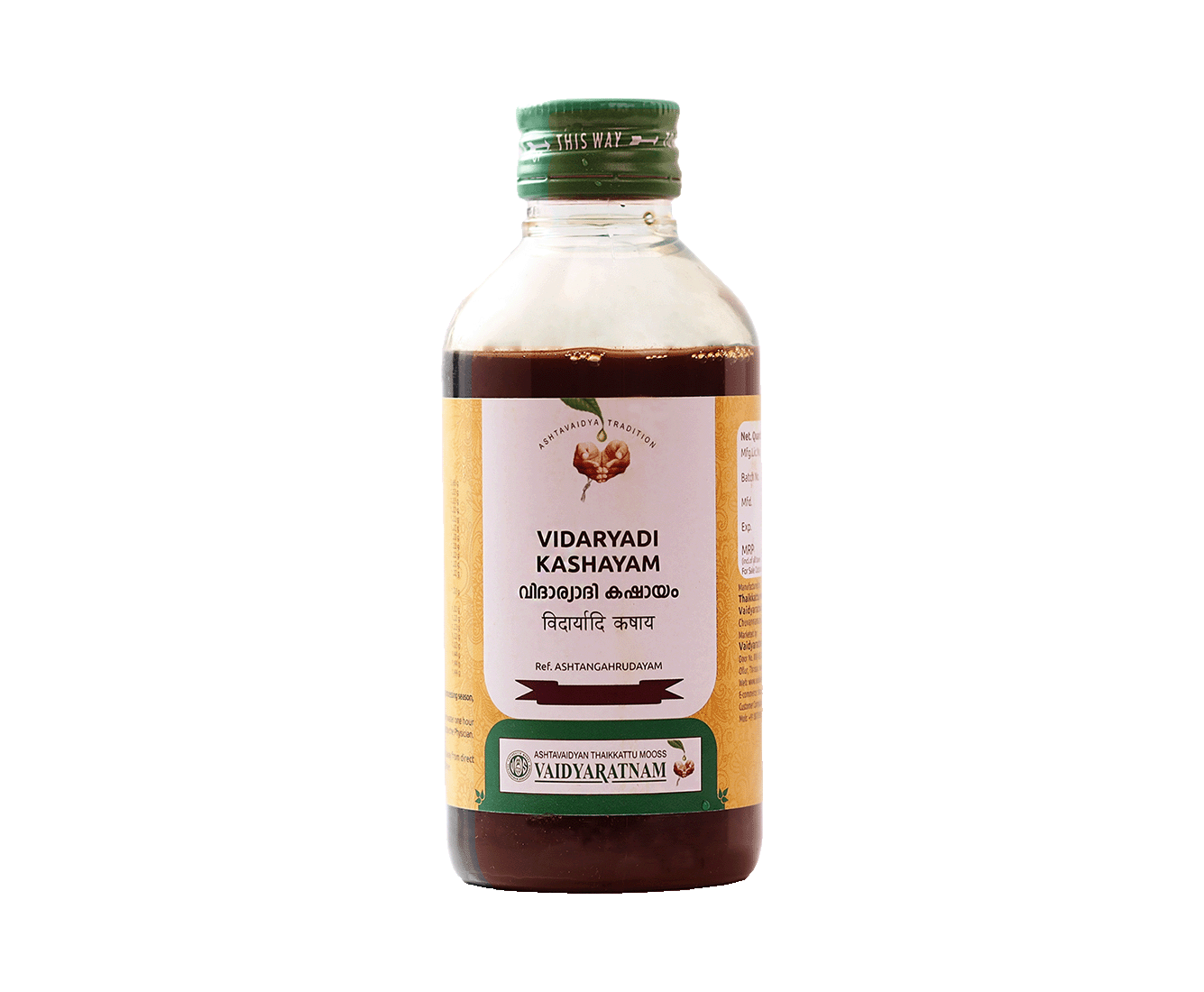 Vaidyaratnam Vidaryadi Kashayam 200ml bottle - Ayurvedic medicine for atrophy and muscle weakness.