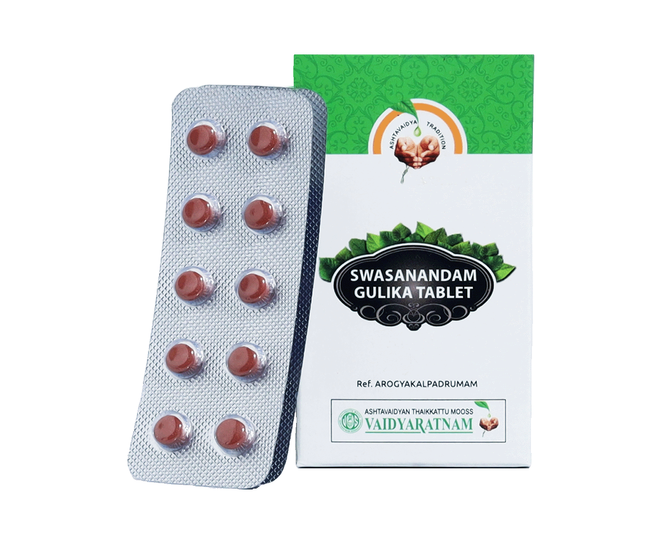 Vaidyaratnam Swasanandam Gulika Tablet 100 tablets for bronchitis and respiratory health.