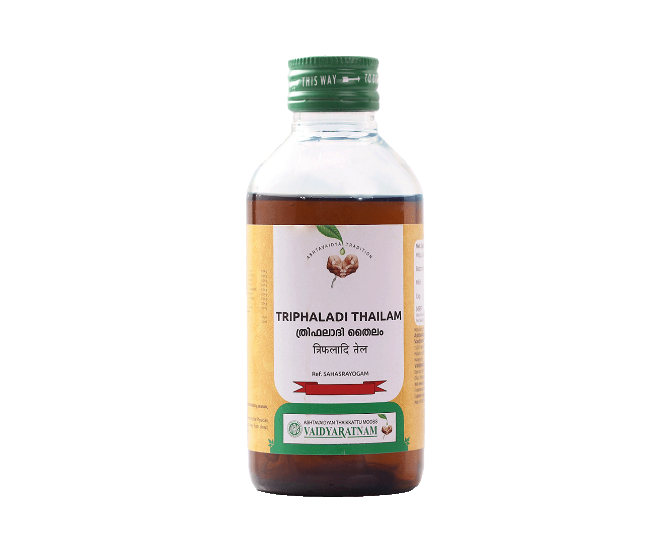 Vaidyaratnam Thriphaladi Oil bottle with herbal ingredients for damaged hair care