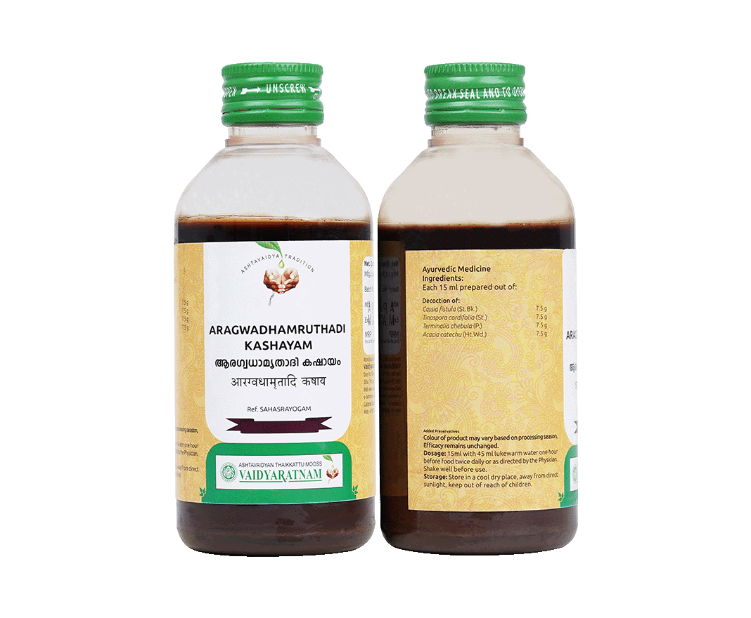 Vaidyaratnam Aragwadhamrithadi Kwatham – Natural Ayurvedic decoction for skin health.