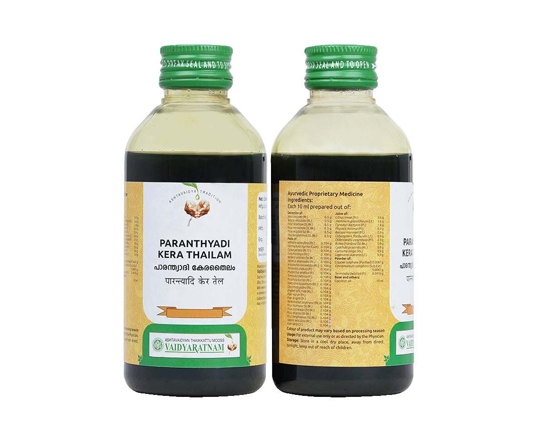 Herbal formulation of Vaidyaratnam Paranthyadi Kera Thailam for natural relief and recovery from snake bites.