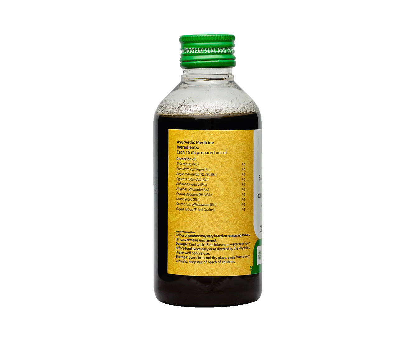 Close-up of Vaidyaratnam Balajeerakadi Kashayam packaging, highlighting its benefits for cough and asthma relief.