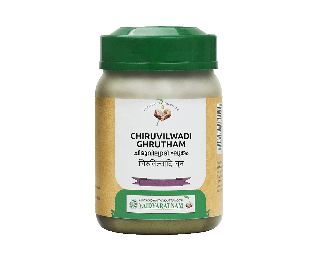 Vaidyaratnam Chiruvilwadi Ghrutham 150gm jar for Ayurvedic treatment of hemorrhoids.