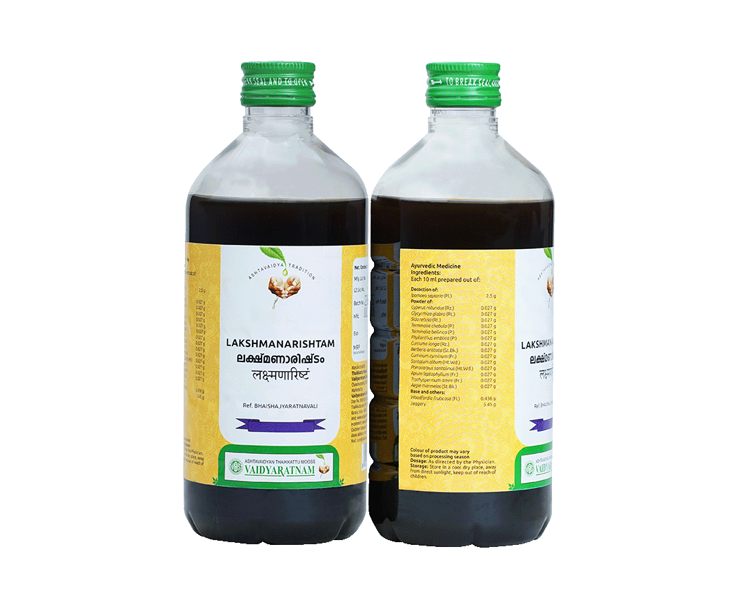 Herbal Lakshmanarishtam tonic by Vaidyaratnam for hormonal balance and wellness.