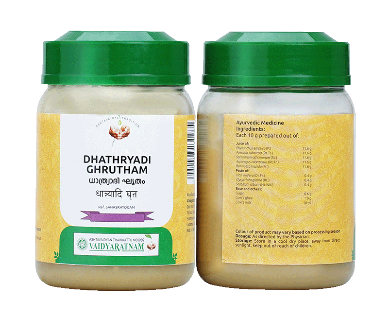 Jar of Vaidyaratnam Dhathryadi Ghrutham – Natural remedy for fainting and overall health support