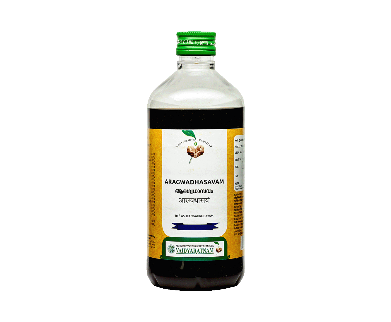 Vaidyaratnam Aragwadhasavam 450 ml bottle – Ayurvedic medicine for wound care and skin ailments.